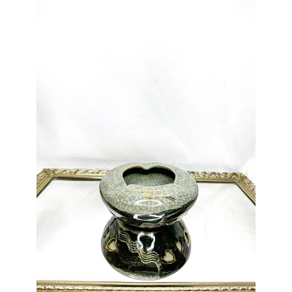 Somayaki Soma Ware Ashtrays Japanese Double Layer Crackle Gold Trim Horse Heart - Picture 1 of 10